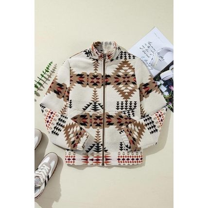 Beige Aztec Printed Stand Neck Zip Up Jacket