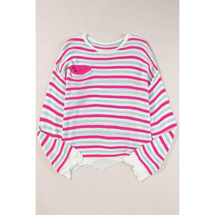 Rose Stripe Oversized Drop Shoulder Sweater with Pocket