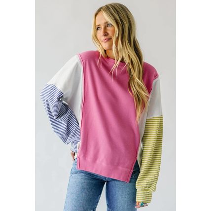 Sachet Pink Exposed Seam Striped Color Block Patchwork Long Sleeve Top