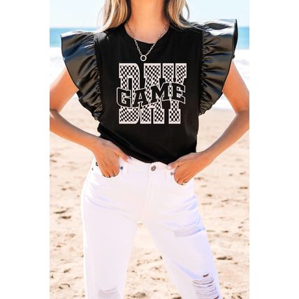 Black GAME DAY Checkered Letter Graphic Leatherette Ruffle Sleeve Top
