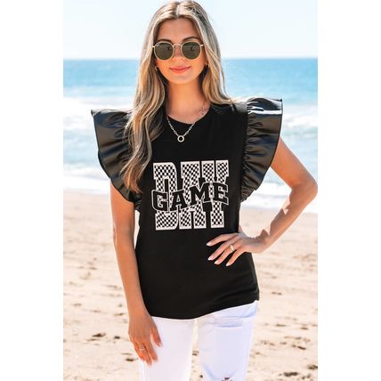 Black GAME DAY Checkered Letter Graphic Leatherette Ruffle Sleeve Top