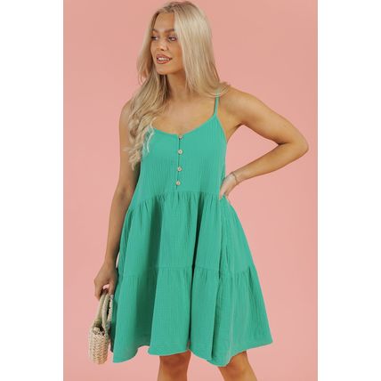 Sea Green Textured Buttoned Thin Strap Tiered Loose Fit Mini Dress