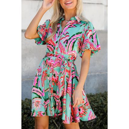 Green Abstract Print Lace-up High Waist Buttoned Mini Dress