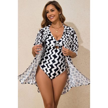 Black Stripe Print Loose Fit Open Front Beach Cover Up