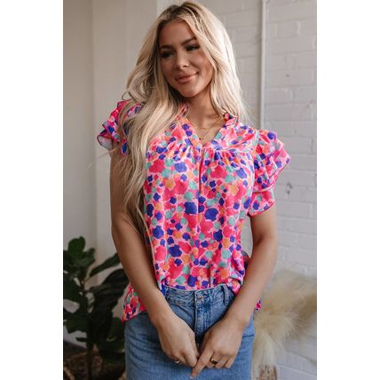 Rose Red Abstract Print Ruffled Sleeve V Neck Blouse
