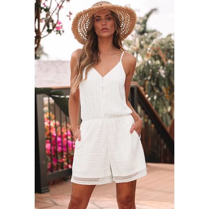 White Lace Spaghetti Strap V Neck Loose Fit Romper