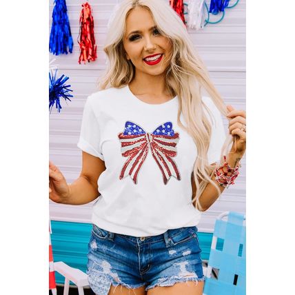 White USA Flag Bow Knot Patched Crew Neck T Shirt