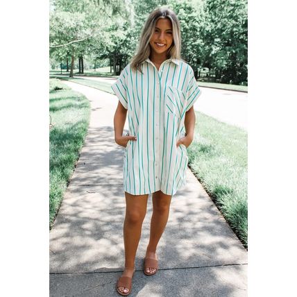 Mint Green St Patricks Striped Wide Short Sleeve Shift Mini Shirt Dress