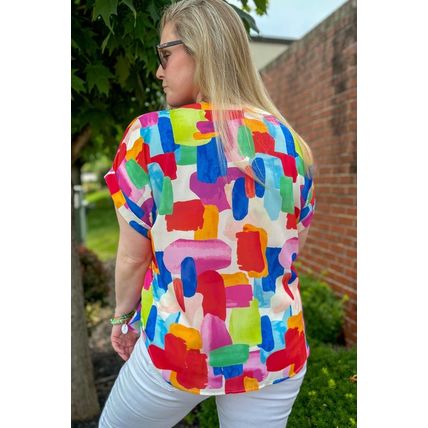 Colorful Brush Stroke Printed Plus Size Button Split Neck Blouse