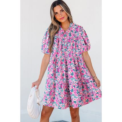 Pink Floral Collared Half Placket Short Sleeve Loose Dress