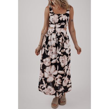 Black Floral Cutout Square Neck Knot Back Sleeveless Maxi Dress