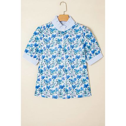 Sky Blue Floral Print Striped Patchwork Collared Short Sleeve Blouse
