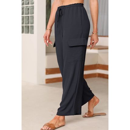 Black Drawstring Frilled Waist Wide Leg Utility Trousers