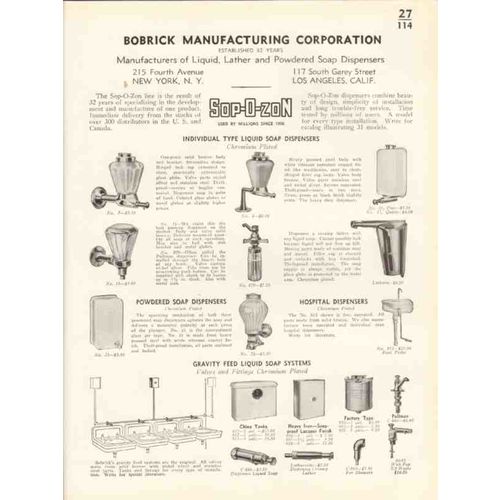 bobrick mfg corp 1938 sop-o-zon liquid soap dispensers vintage catalog