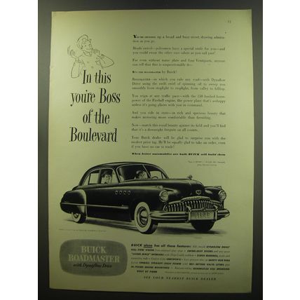1949 Buick Roadmaster Car Ad - In this you're Boss of the Boulevard