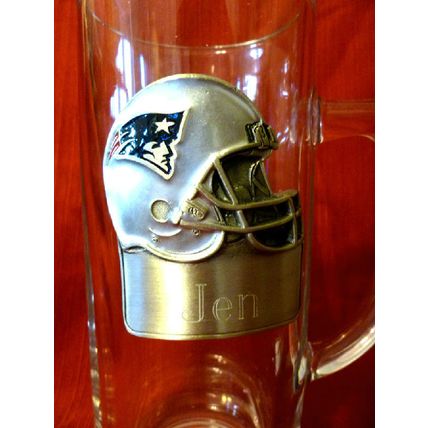 NEW ENGLAND PATRIOTS TALL GLASS & PEWTER TANKARD PERSONALIZED for JEN w HOLOGRAM