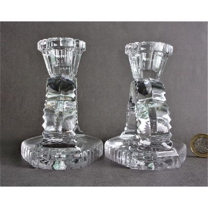 Art Deco Clear Glass Candle-Holders - Pair.