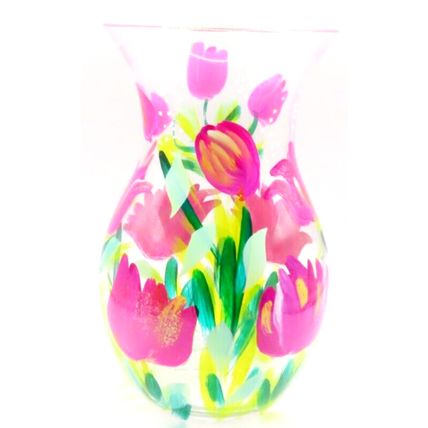 Pink Tulips Floral Vase Glass Handpainted 18 CM Gift Home Decor Ornament