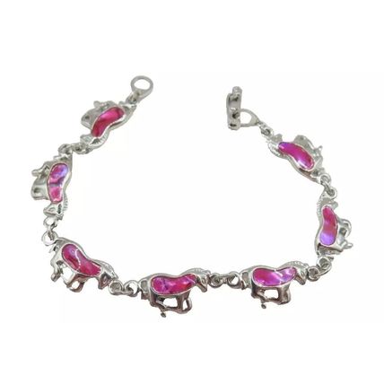 Galloping Horse Linked Bracelet Pink Dyed Paua Shell 18 CM Ladies Jewellery