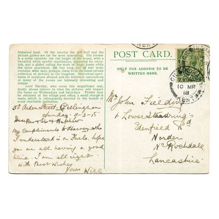 Postcard UK England Kent Cobham Hall country house now school posted 1918