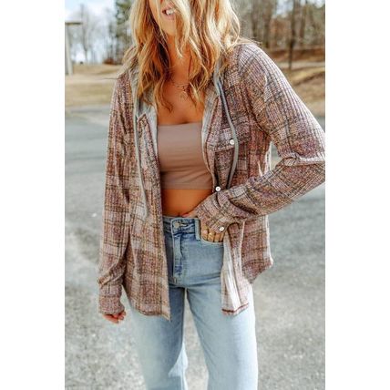 Purple Plaid Contrast Hooded Drawstring Shacket