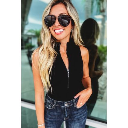 Black Zip up Mock Neck Ribbed Sleeveless Bodysuit