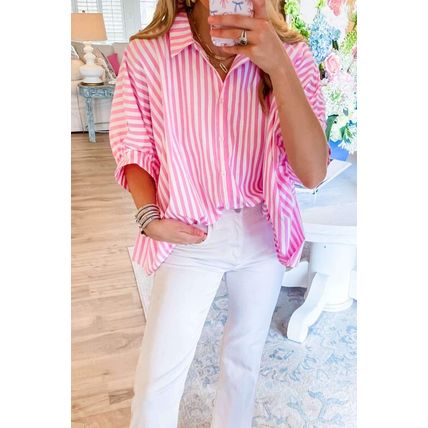 Pink Stripe Dolman Sleeve Oversize Shirt