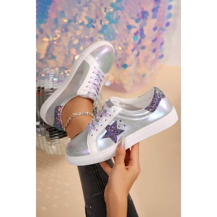 Silvery Star Sequin Patchwork Criss Cross Casual Shoes