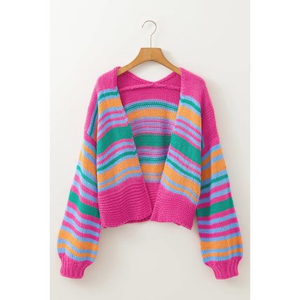 Rose Stripe Colorful Puff Sleeve Drop Shoulder Loose Cardigan