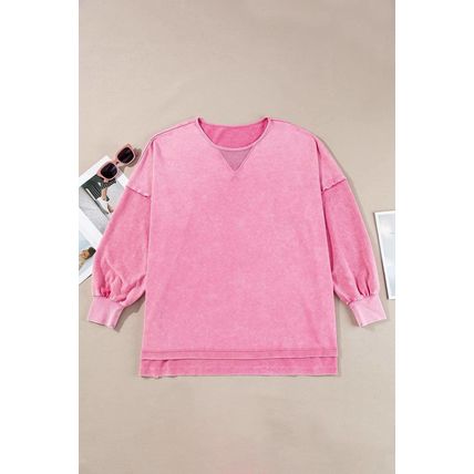 Pink Plus Size Mineral Wash Drop Shoulder Round Neck Sweatshirt