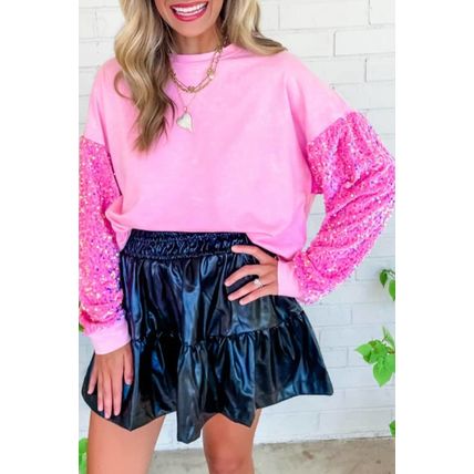 Pink Sequin Patchwork Long Sleeve Pullover Top