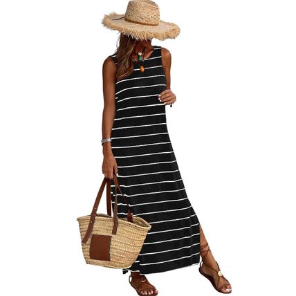 Black Stripe Print Open Back Sleeveless Maxi Dress with Slits