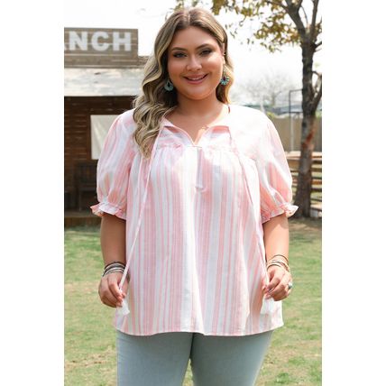 Pink Stripe Plus Size Tassel Tie Frilled Detail Short Sleeve Blouse