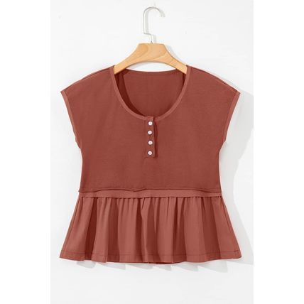 Chestnut Short Sleeve U Neck Buttons Splicing Ruffle Blouse