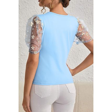 Beau Blue Floral Mesh Puff Sleeve Crew Neck Top