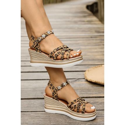 Chestnut Rhinestone Flower Decor Leopard Strappy Wedge Sandals