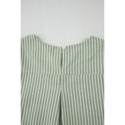 Green Stripe Textured Round Neck Short Puff Sleeve Blouse