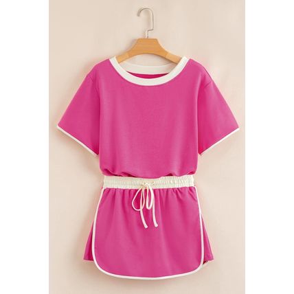 Rose Red Colorblock Edge Drop Shoulder T Shirt and Skort 2Pcs Set
