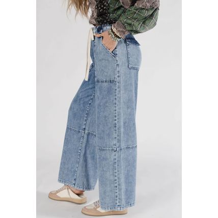 Ashleigh Blue Acid Wash Exposed Seam Drawstring High Waist Jeans