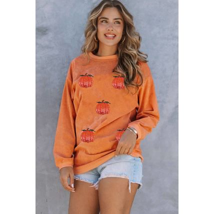 Orange Sequin Pumpkin Patched Twisted Rib Baggy Sweatshirt