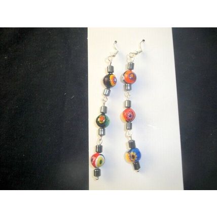 Extraordinary long Hematite & large millefiori style swing hook earring