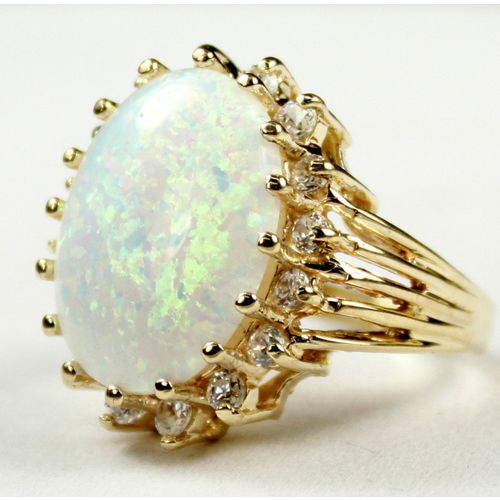Created White Opal, 16 CZ accents, 10K Gold Ring, R270