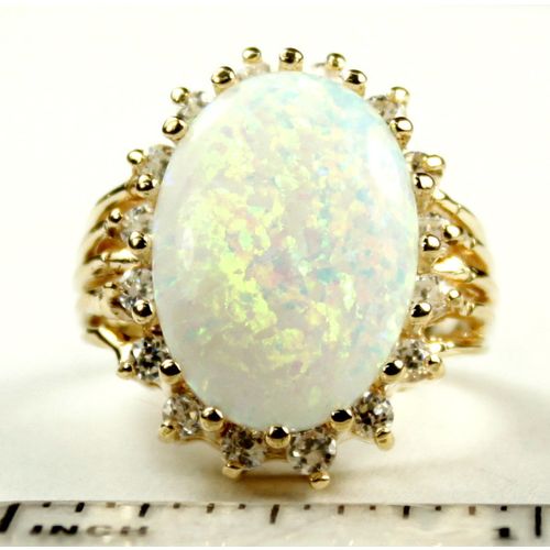 Created White Opal, 16 CZ accents, 10K Gold Ring, R270