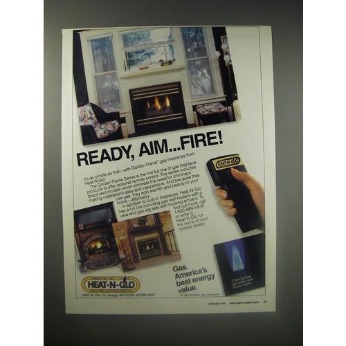 1990 Heat-N-Glo Golden Flame Series Gas Fireplace Ad - Ready, Aim Fire