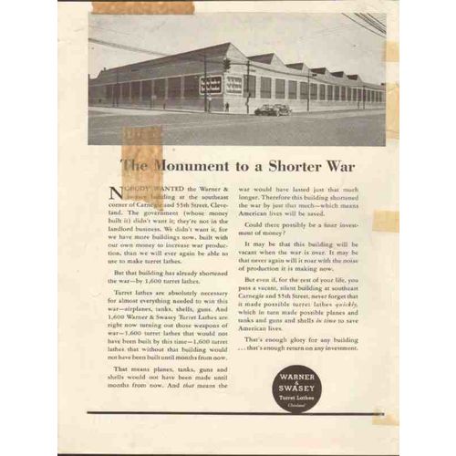 WARNER SWASEY 1943 Monument shorter war Cleveland OH WW2 vintage ad