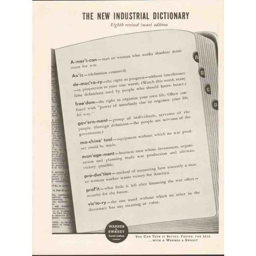 WARNER SWASEY 1943 industrial dictionary war edition WW2 vintage ad