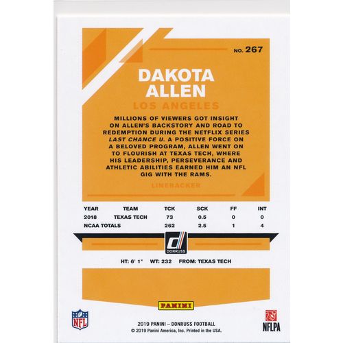 2019 Donruss Football Base 267 Dakota Allen RC Los Angeles Rams