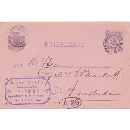 Netherlands 1895 C.L.van Dijk Leeuwarden to Amsterdam Postal card written VGC