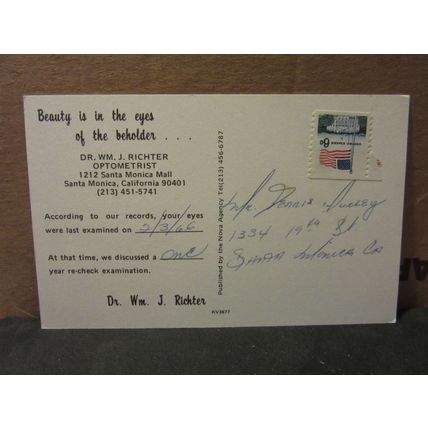 Dr. WM. J. RICHTER, OPTOMETRIST of SANTA MONICA CALIFORNIA. used postcard 1966 a