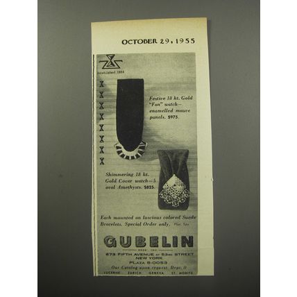 1955 Gubelin Watches Advertisement - Festive 18 kt. Gold Fan watch